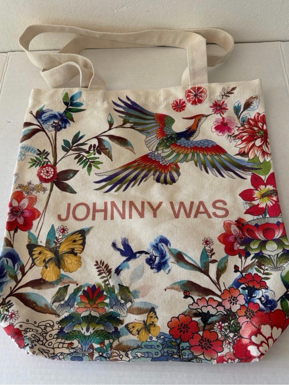 Johnny Was Cream Canvas Tote with Multicolor Floral & Bird Print